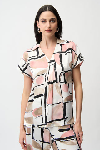 Abstract Casual V-Neck Collared Blouse