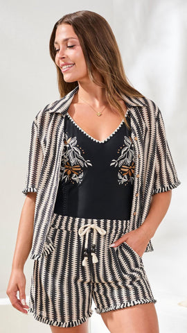 Jacquard Stripe Short Sleeve Button-Front Camp Shirt