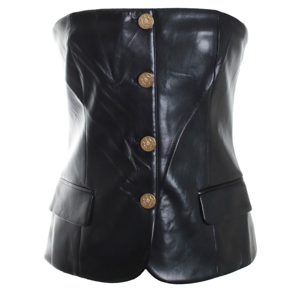 Madison Vegan Leather Strapless Button-Down Blazer Bustier Top