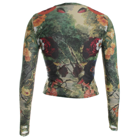 Delaina Printed Mesh Long Sleeve Crop Top