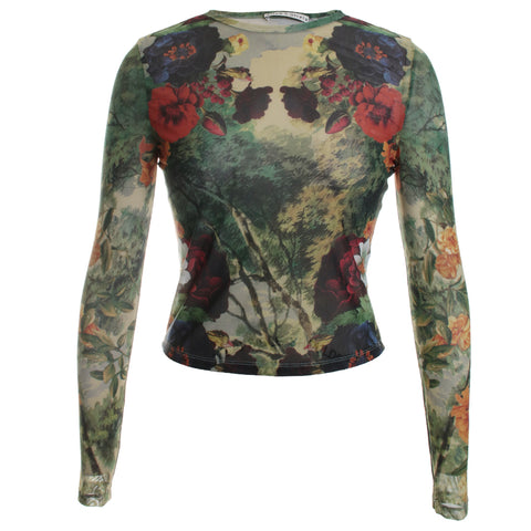 Delaina Printed Mesh Long Sleeve Crop Top