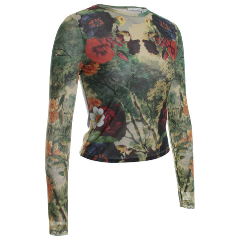 Delaina Printed Mesh Long Sleeve Crop Top