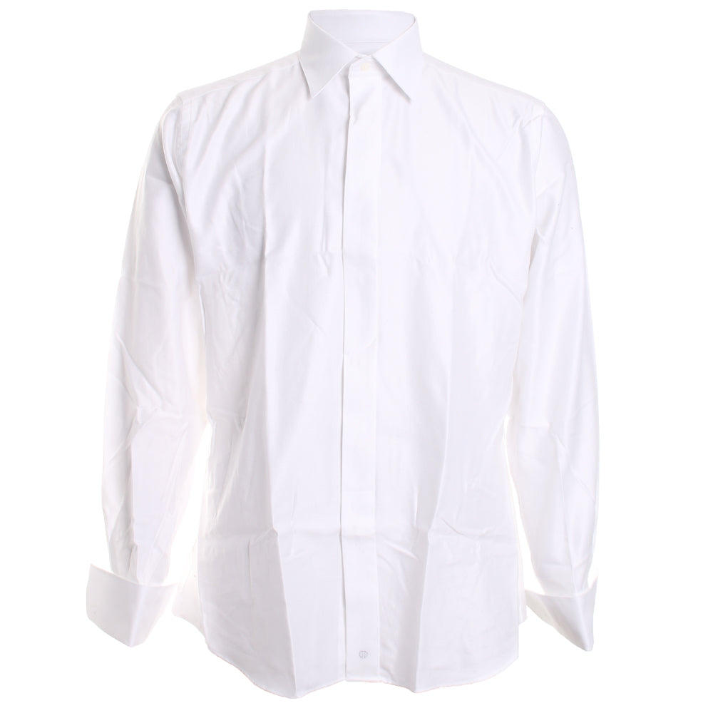 David Donahue Men's Diamond Pattern French Cuff Covered Placket Formal Shirt - White