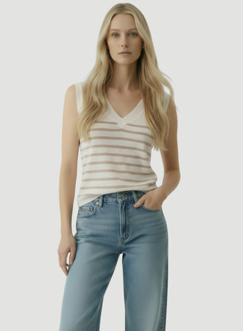 Linen Knit Stripe Cap Sleeve V-Neck