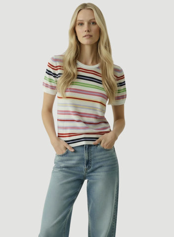 Extrafine Cashmere Novelty Stripe Short Sleeve Crewneck