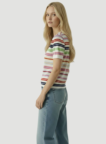Extrafine Cashmere Novelty Stripe Short Sleeve Crewneck
