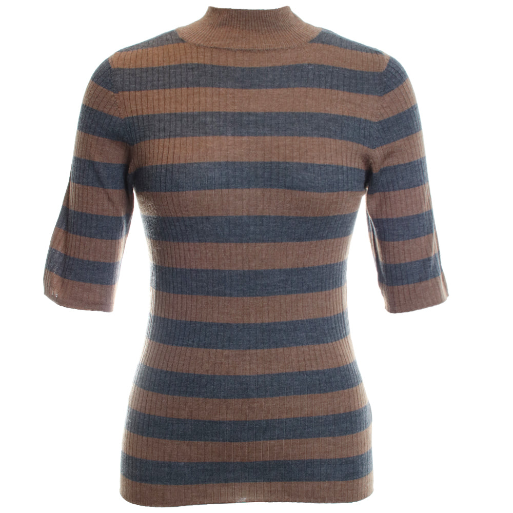 Merino Superfine Rib Knit Stripe Elbow Sleeve Turtleneck