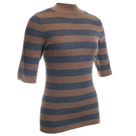 Merino Superfine Rib Knit Stripe Elbow Sleeve Turtleneck
