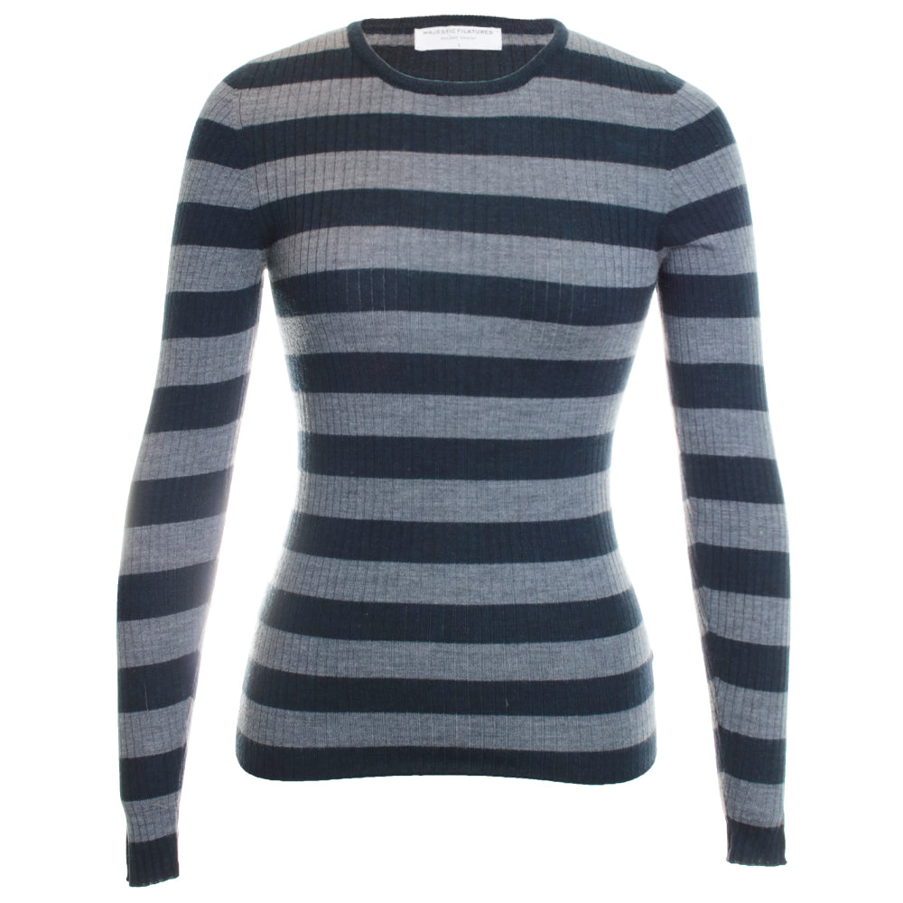 Merino Superfine Rib Knit Stripe Long Sleeve Crewneck