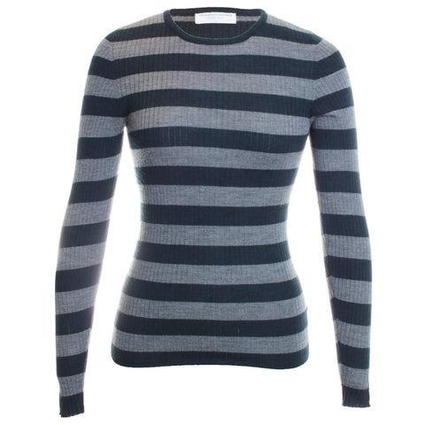 Merino Superfine Rib Knit Stripe Long Sleeve Crewneck