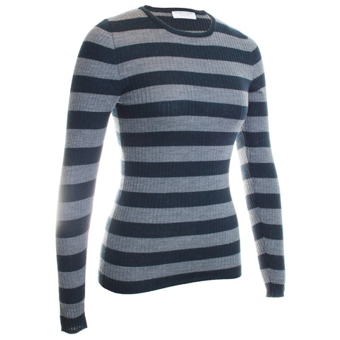 Merino Superfine Rib Knit Stripe Long Sleeve Crewneck