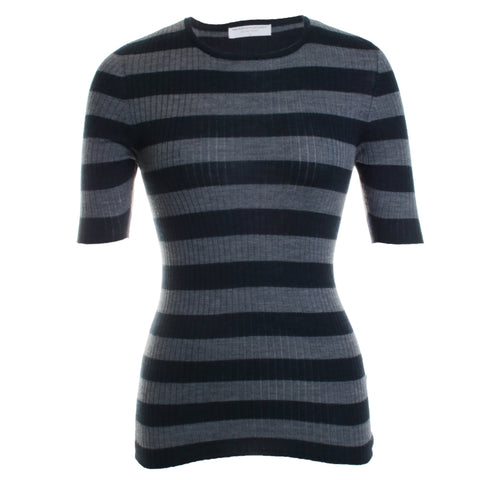 Merino Superfine Rib Knit Stripe Elbow Sleeve Crew