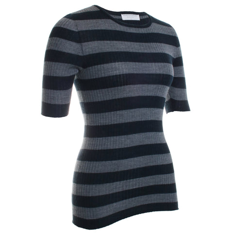 Merino Superfine Rib Knit Stripe Elbow Sleeve Crew