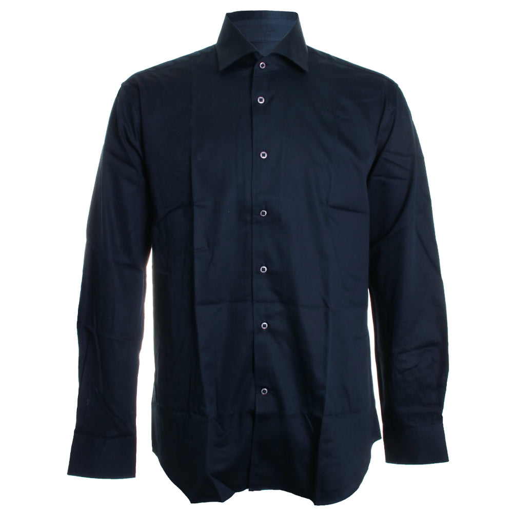 Navy Cotton Sateen Roll Collar Shirt