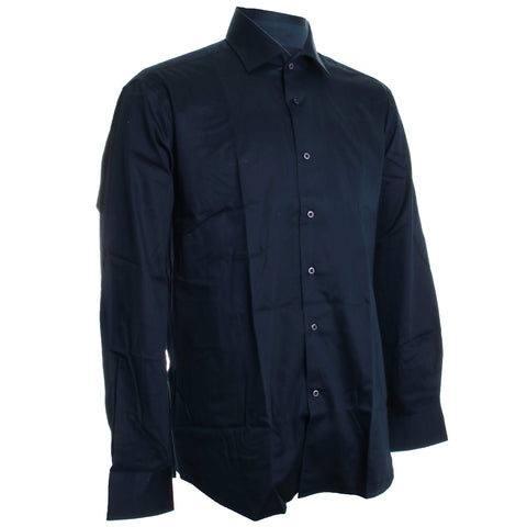 Navy Cotton Sateen Roll Collar Shirt