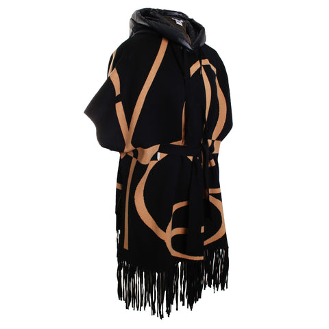Abstract Circle Print Belted Cape w/ Quilted Hood