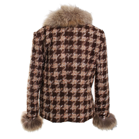Boucle Houndstooth Jacket w/ Raccoon Collar & Cuffs