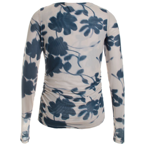Printed Side Ruched Scoop Neck Mesh Top