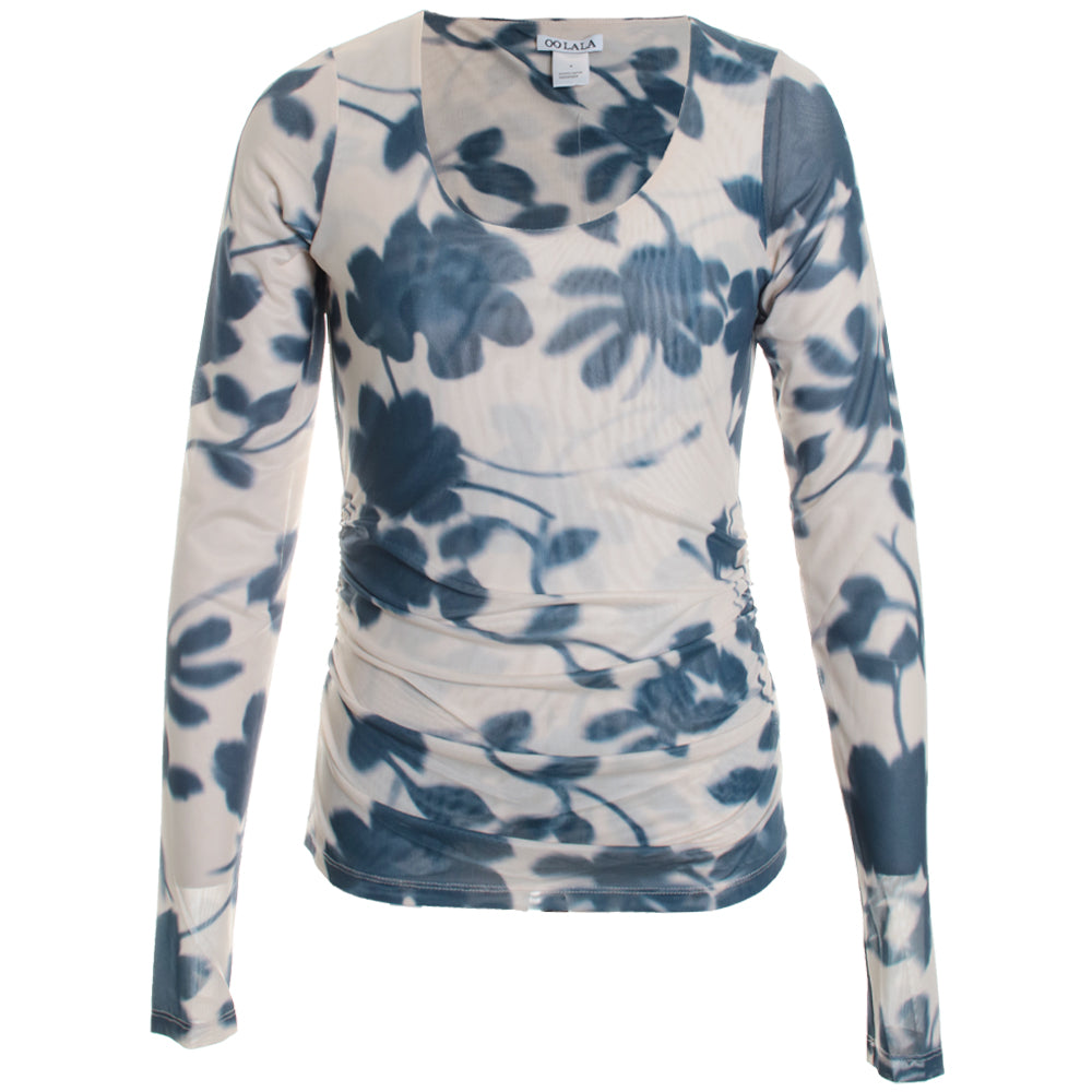 Printed Side Ruched Scoop Neck Mesh Top