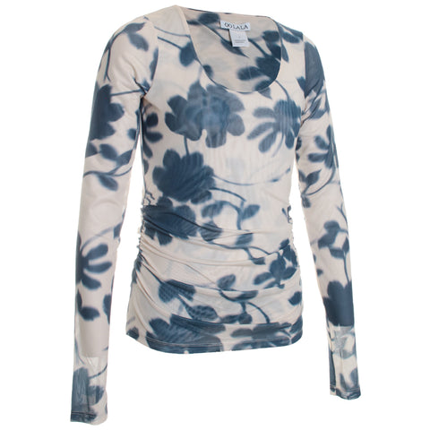 Printed Side Ruched Scoop Neck Mesh Top