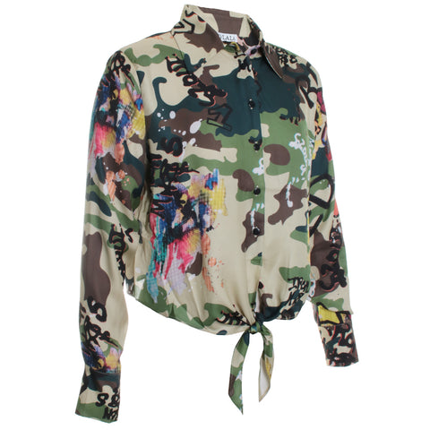 Camo Tie Front Blouse