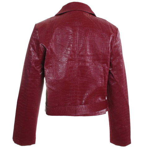 Belted Pleather Zip Crocodile Jacket with Buttons