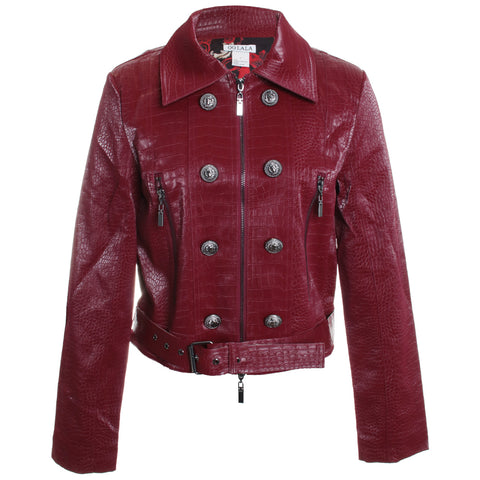 Belted Pleather Zip Crocodile Jacket with Buttons