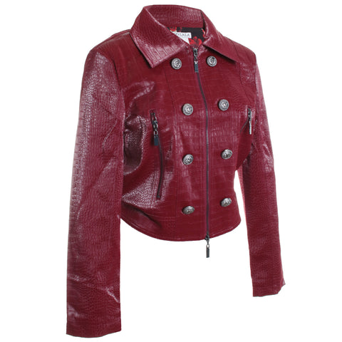 Belted Pleather Zip Crocodile Jacket with Buttons