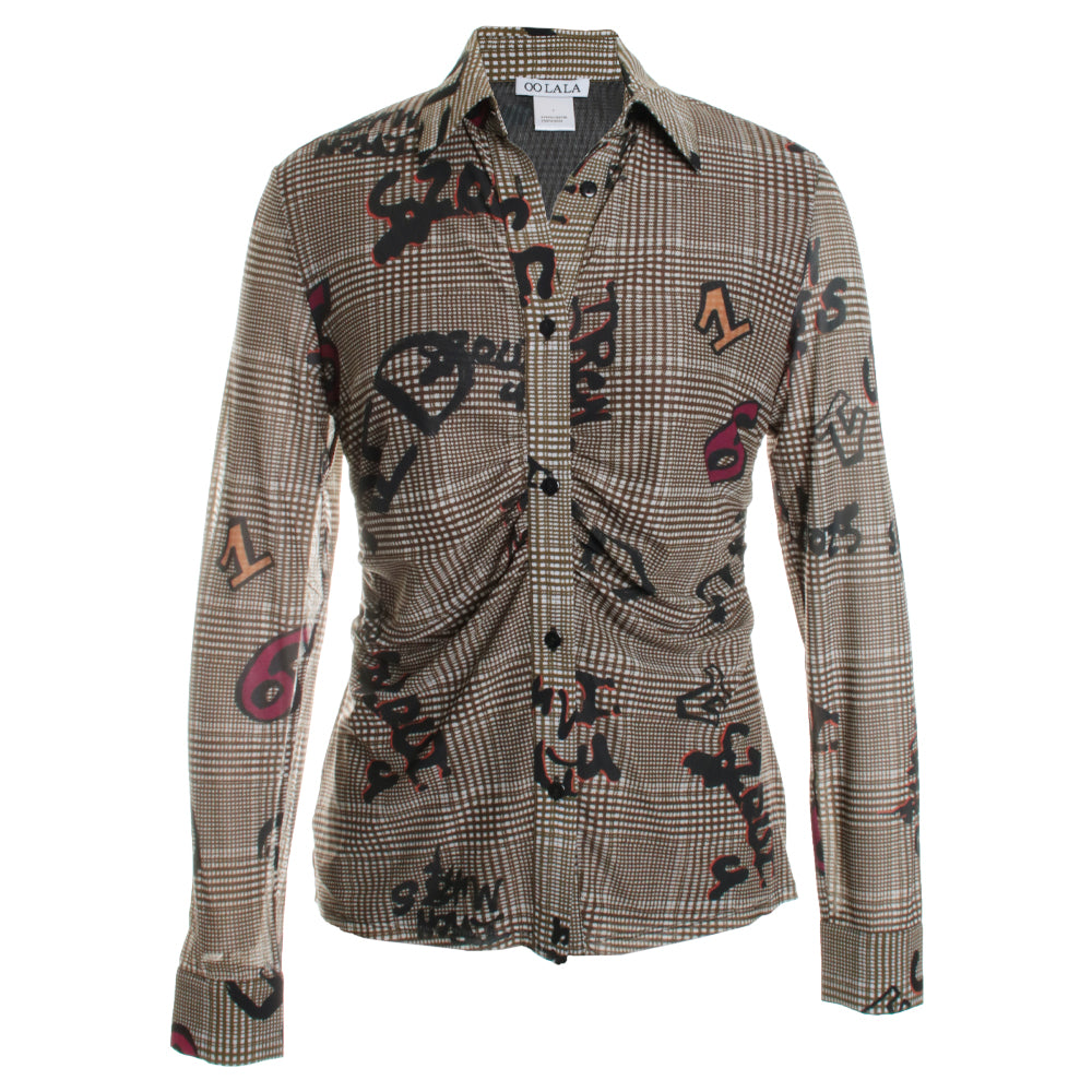 Plaid Numbers Ruched Mesh Shirt