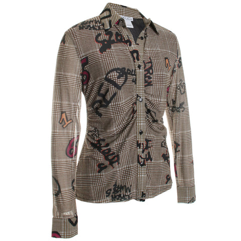 Plaid Numbers Ruched Mesh Shirt
