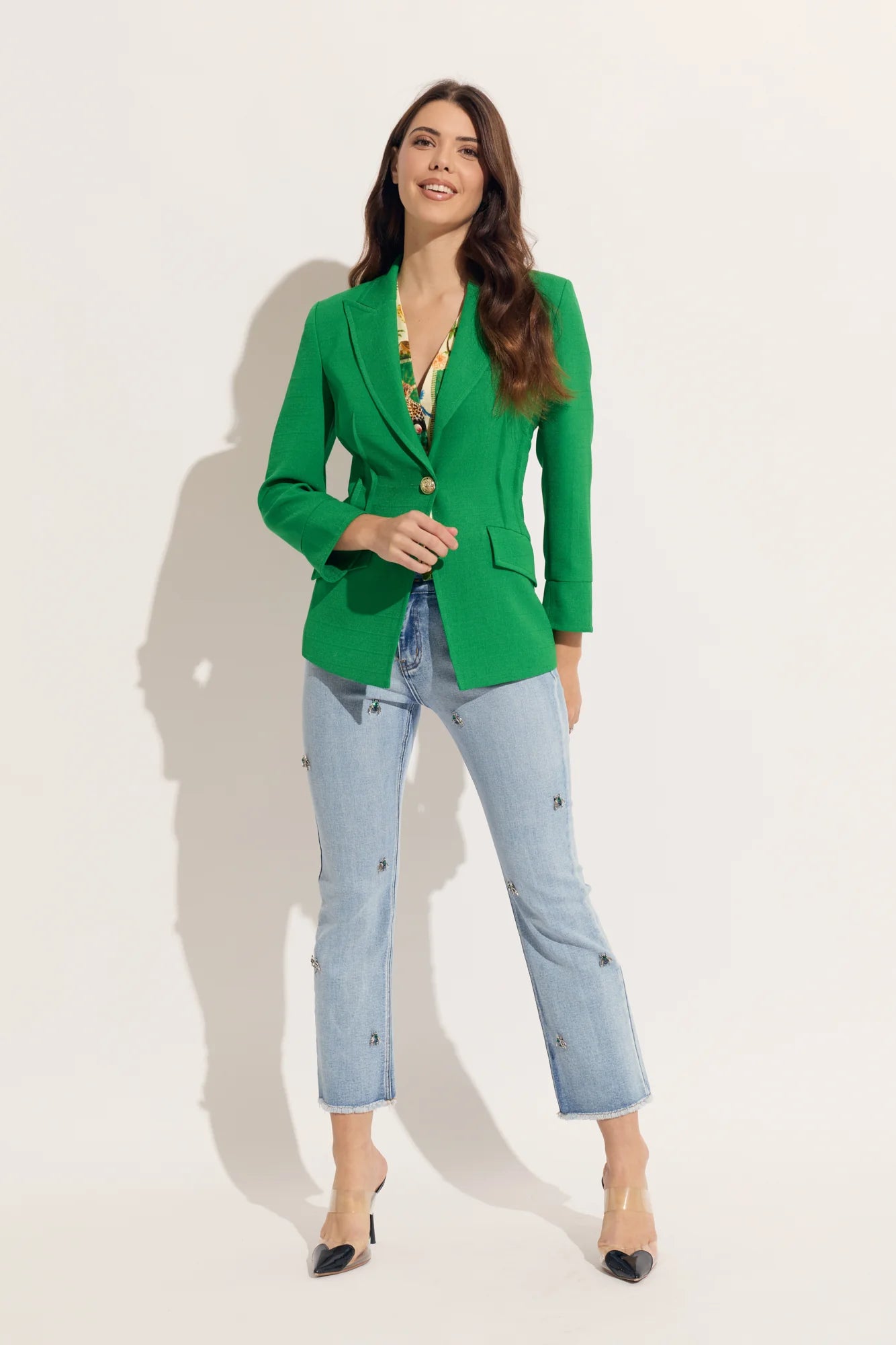 Solid One Button Blazer w/ Printed Mesh Lining