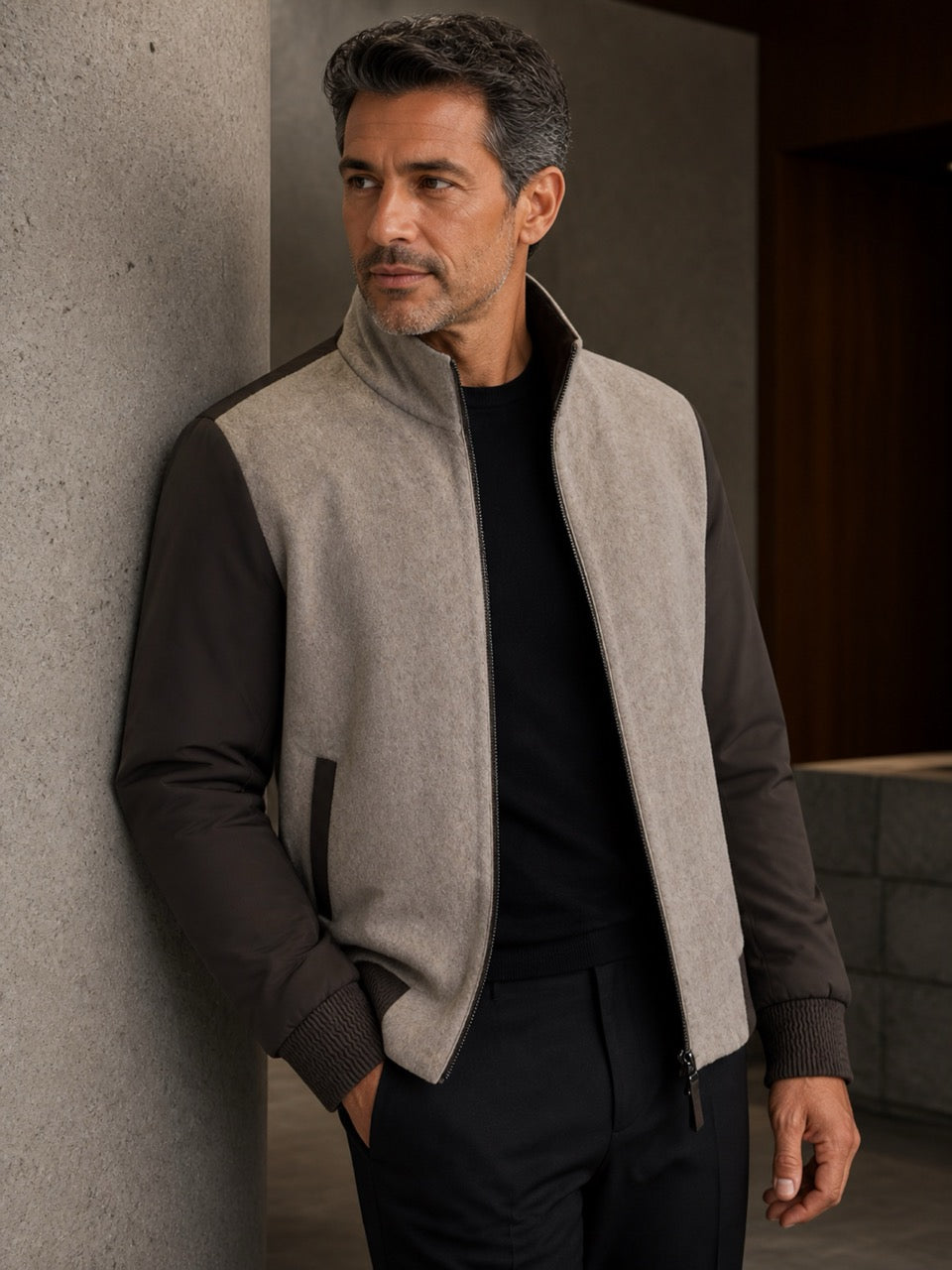Male model wearing a two-tone coat