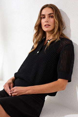 Open-Stitch Short Sleeve Polo Sweater Top