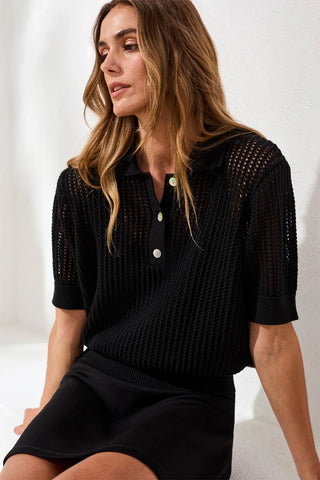 Open-Stitch Short Sleeve Polo Sweater Top