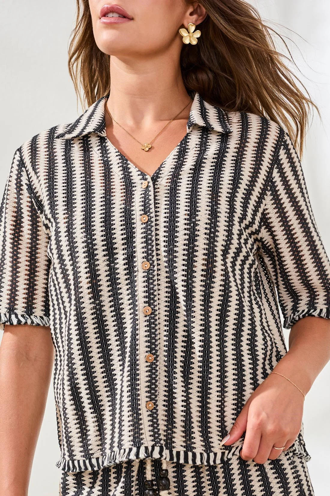 Jacquard Stripe Short Sleeve Button-Front Camp Shirt